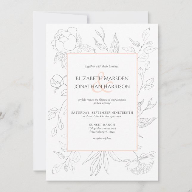 Elegant Blush Line Art Drawing Floral Simple Invitation (Front)