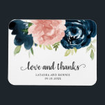 Elegant Blush Navy Blue Floral Wedding Favour Magnet<br><div class="desc">Rustic floral wedding favour magnet featuring "love and thanks" along with elegant watercolor painted flowers in blush pink and navy blue. Below are your names and date. The blush pink roses make this design great for a spring celebration and the navy blue roses make it great for fall. These custom...</div>