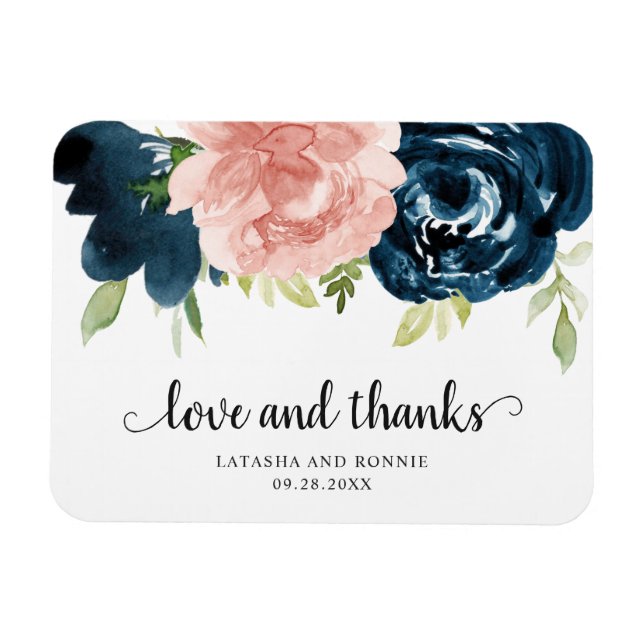 Elegant Blush Navy Blue Floral Wedding Favour Magnet (Horizontal)