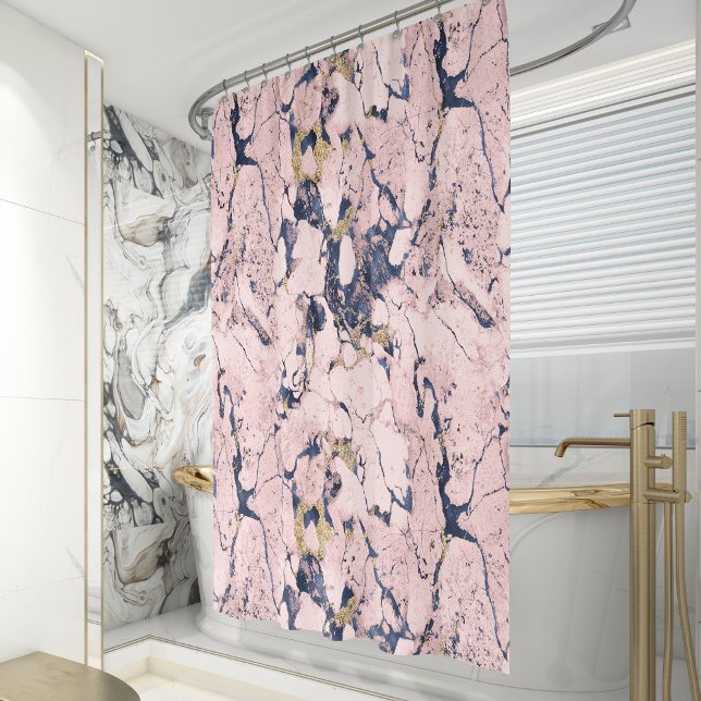 Elegant Blush Navy Gold Marble Shower Curtain (Creator Uploaded)