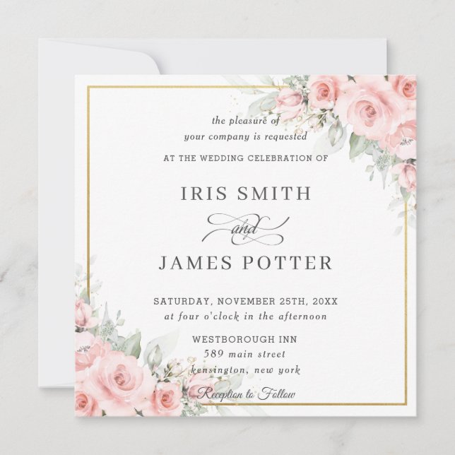 Elegant Blush Pale Pink Floral Gold Wedding Square Invitation (Front)