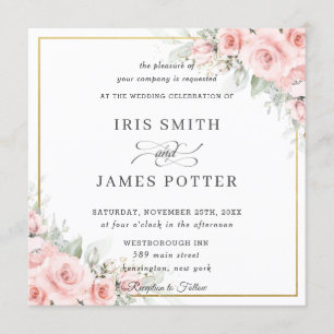 Elegant Blush Pale Pink Floral Gold Wedding Square Invitation