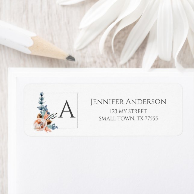 Elegant Blush Peach Blue Floral Initial Address (Insitu)