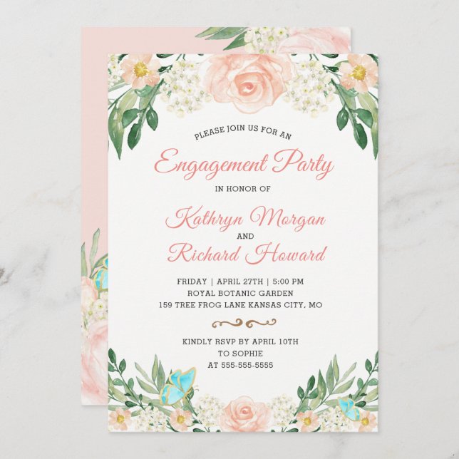 Elegant Blush Peach Floral Spring Engagement Party Invitation (Front/Back)