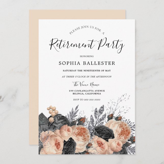 Elegant Blush Peach Flowers Retirement Party Invitation (Front/Back)