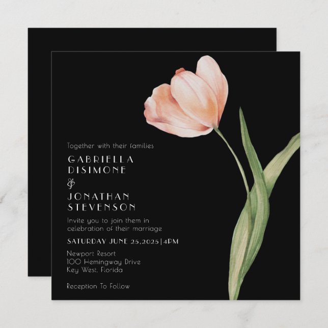 Elegant Blush Peach Watercolor Tulip Wedding   Invitation (Front/Back)