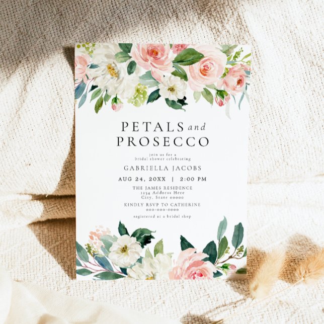 Elegant Blush Petals & Prosecco Bridal Shower Invitation (Creator Uploaded)