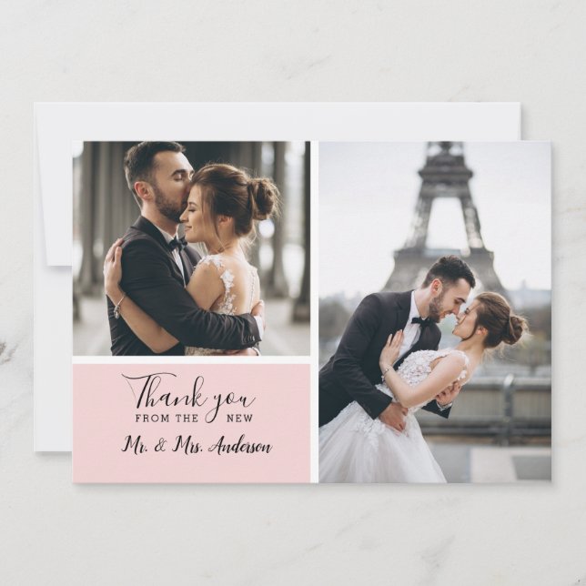 Elegant Blush Pink 2 Photo Collage Wedding Thank You Card (Front)