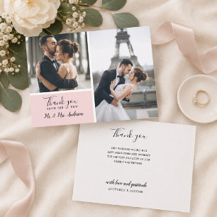Elegant Blush Pink 2 Photo Collage Wedding Thank You Card