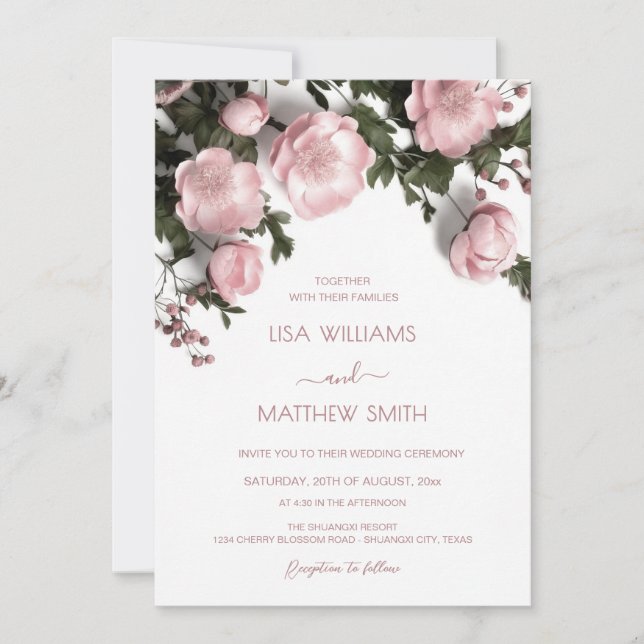 Elegant Blush Pink 3D Roses Wedding Invitation (Front)