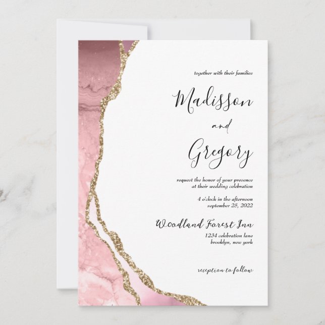 Elegant Blush Pink Agate Geode Gold Wedding Invitation (Front)