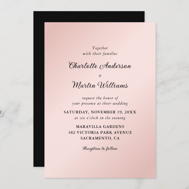 Elegant Blush Pink and Black Minimalist Wedding Invitation (Front/Back)