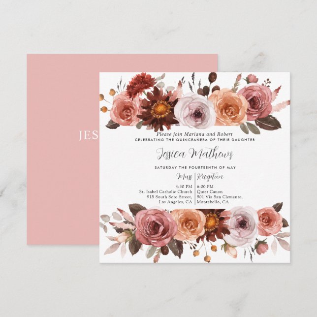 Elegant Blush Pink and Burgundy Floral Quinceañera Invitation (Front/Back)