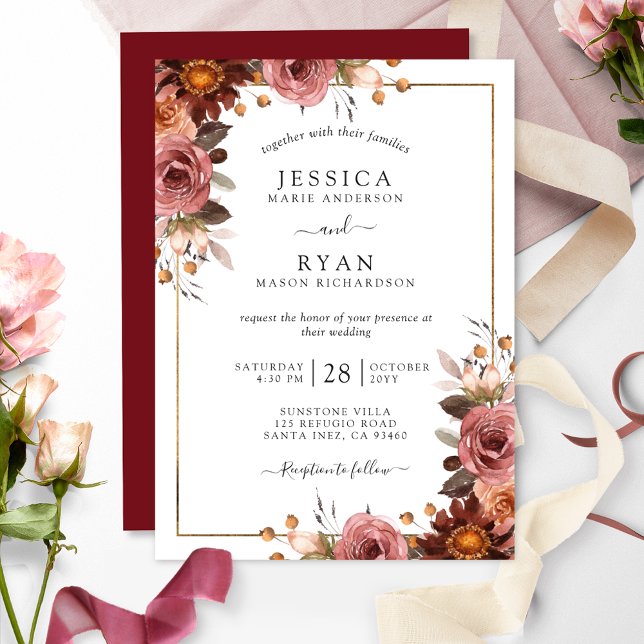 Elegant Blush Pink and Burgundy Floral Wedding Invitation (Creator Uploaded)
