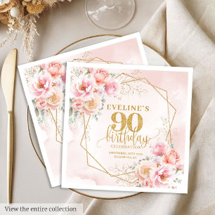 Elegant blush pink and gold 90th birthday cocktail napkin