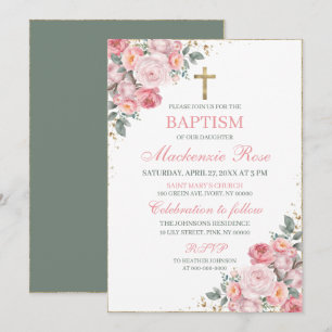 Elegant Blush Pink and Gold Floral Baptism Invitation