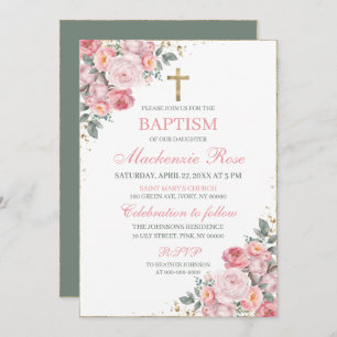 Elegant Blush Pink and Gold Floral Baptism Invitation