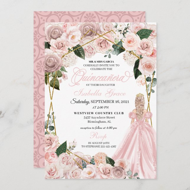 Elegant Blush Pink and Gold Floral Quinceanera Inv Invitation (Front/Back)