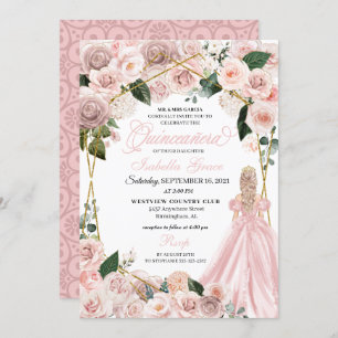 Elegant Blush Pink and Gold Floral Quinceanera Inv Invitation