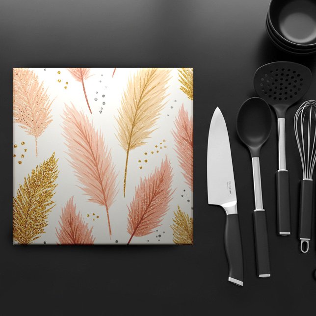 Elegant Blush Pink and Gold Glitter Pampas Grass  Tile (Creator Uploaded)