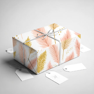 Elegant Blush Pink and Gold Glitter Pampas Grass Wrapping Paper