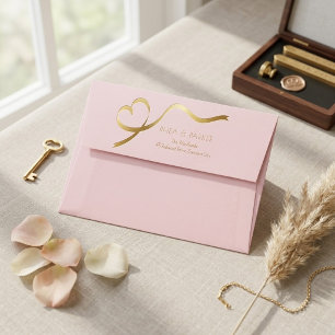 Elegant Blush Pink and Gold Heart Ribbon Wedding Envelope