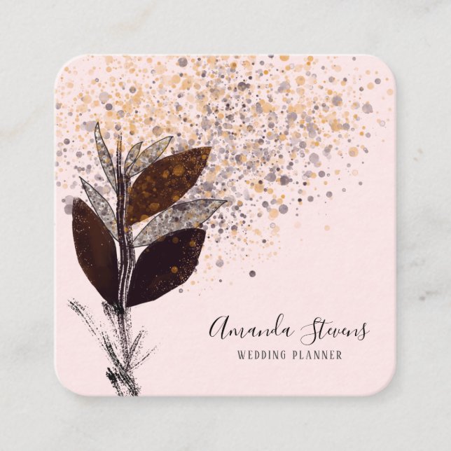 Elegant Blush Pink and Gold Leaves and Spatter Square Business Card (Front)