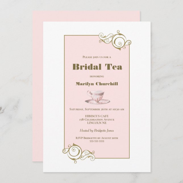 Elegant Blush Pink and Gold Simple Bridal Tea Invitation (Front/Back)
