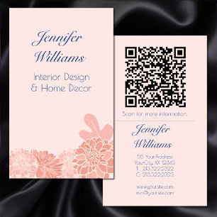 Elegant blush pink and navy blue floral QR code Business Card