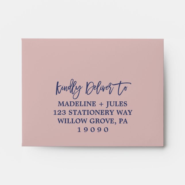 Elegant Blush Pink and Navy Printed Address RSVP Envelopes (Front)
