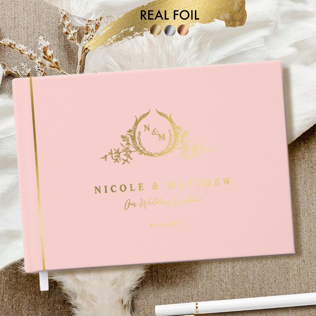 Elegant Blush Pink and Real Foil Monogram Wedding Guest Book (Creator Uploaded)