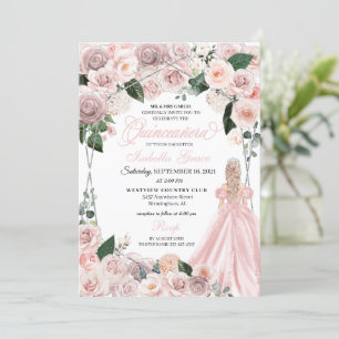 Elegant Blush Pink and Silver Floral Quinceanera Invitation