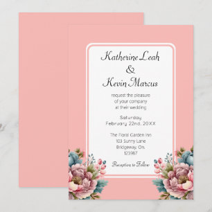 Elegant Blush Pink and Teal Blue Floral Wedding Invitation