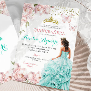 Elegant Blush Pink and Teal Floral Quinceañera Invitation