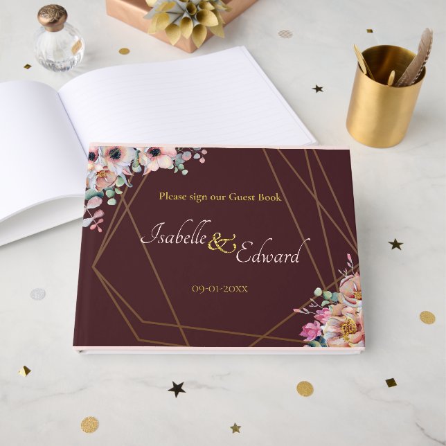 Elegant Blush Pink Anemone Floral Geometric Frames Guest Book (Front Open)