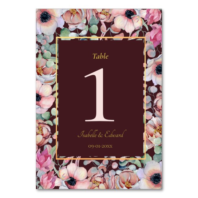 Elegant Blush Pink Anemone Floral Geometric Frames Table Number (Front)