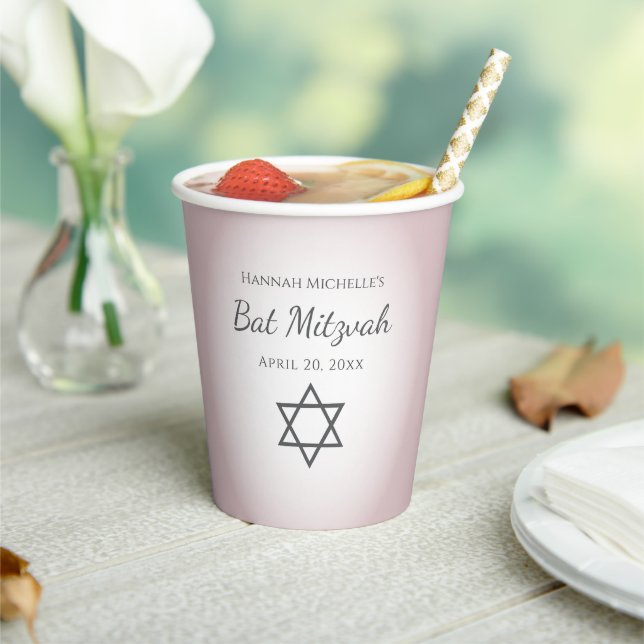 Elegant Blush Pink Bat Mitzvah Star of David  Paper Cups (Insitu)