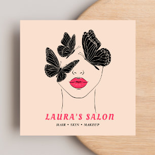 Elegant Blush Pink & Black Butterfly Women Beauty Square Business Card