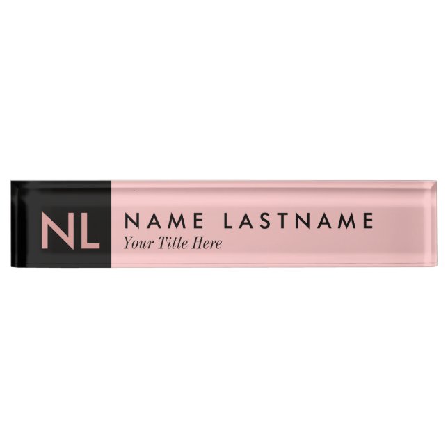 Elegant Blush Pink Black Monogram Desk Nameplate (Front)