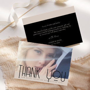 Elegant Blush Pink Black Photo Wedding Thank You Card