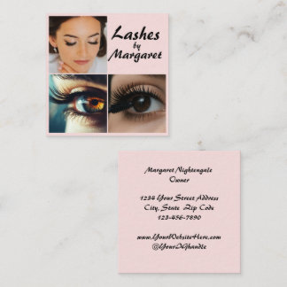 Elegant Blush Pink Black Script 3 Photo Lashes Square Business Card