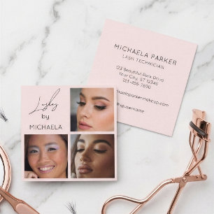 Elegant Blush Pink Black Script 3 Photo Lashes Square Business Card