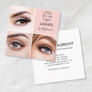 Elegant Blush Pink Black Script 3 Photo Lashes Square Business Card