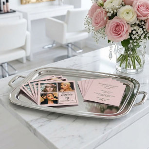 Elegant Blush Pink Black Script 3 Photo Lashes Square Business Card