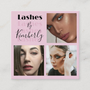 Elegant Blush Pink Black Script 3 Photo Lashes Square Business Card