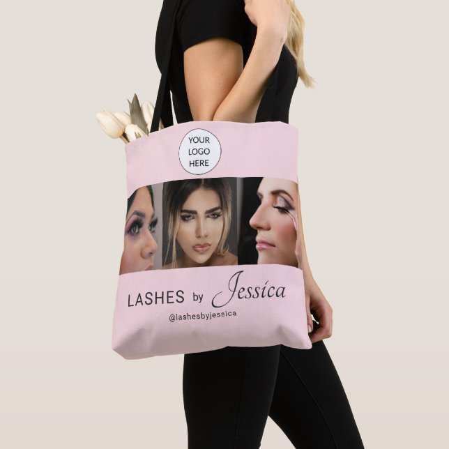 Elegant Blush Pink Black Script 3 Photo Lashes Tote Bag (Close Up)