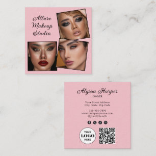 Elegant Blush Pink Black Script 3 Photo Makeup Squ Square Business Card