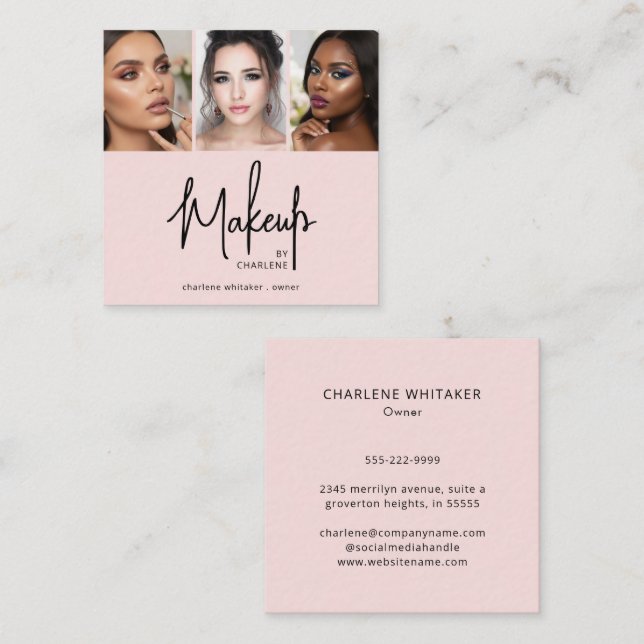 Elegant Blush Pink Black Script 3 Photo Makeup Square Business Card (Front/Back)