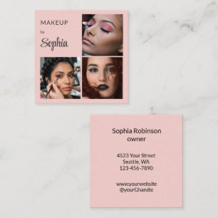 Elegant Blush Pink Black Script 3 Photo Makeup Square Business Card