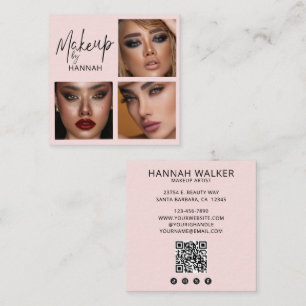 Elegant Blush Pink Black Script 3 Photo Makeup Square Business Card